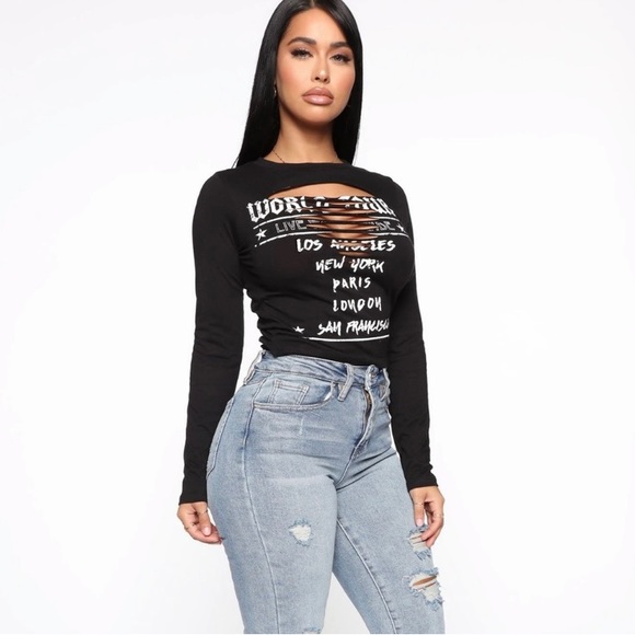 NEW Fashion Nova World Tour LA NY London Paris🌆 Black Laser Cut T Shirt L - Picture 3 of 16